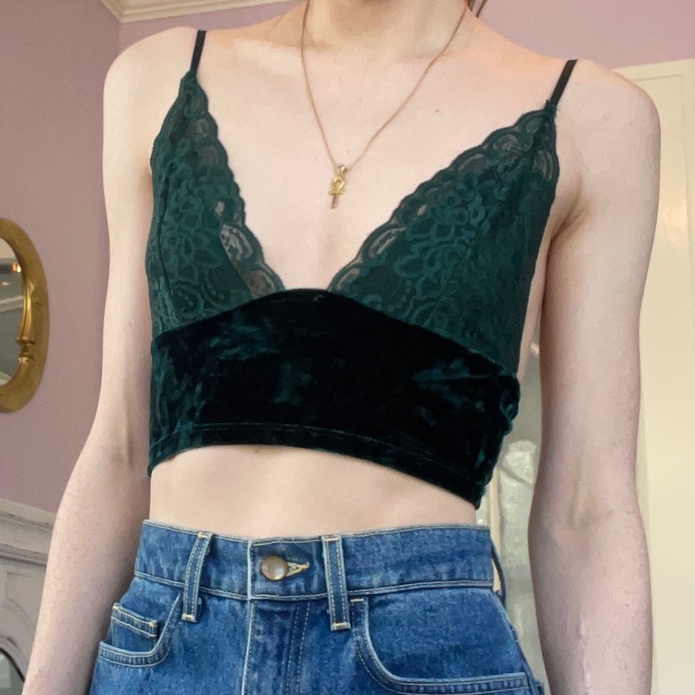 Blanc Green Velvet and Lace Bralette Top